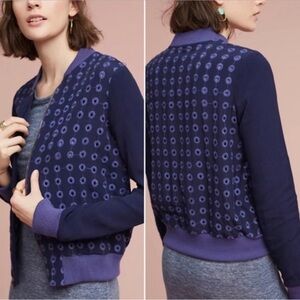 Amadi Anthropologie Blue Eyelet Bomber Jacket Embroidered Full Zip Purple Medium